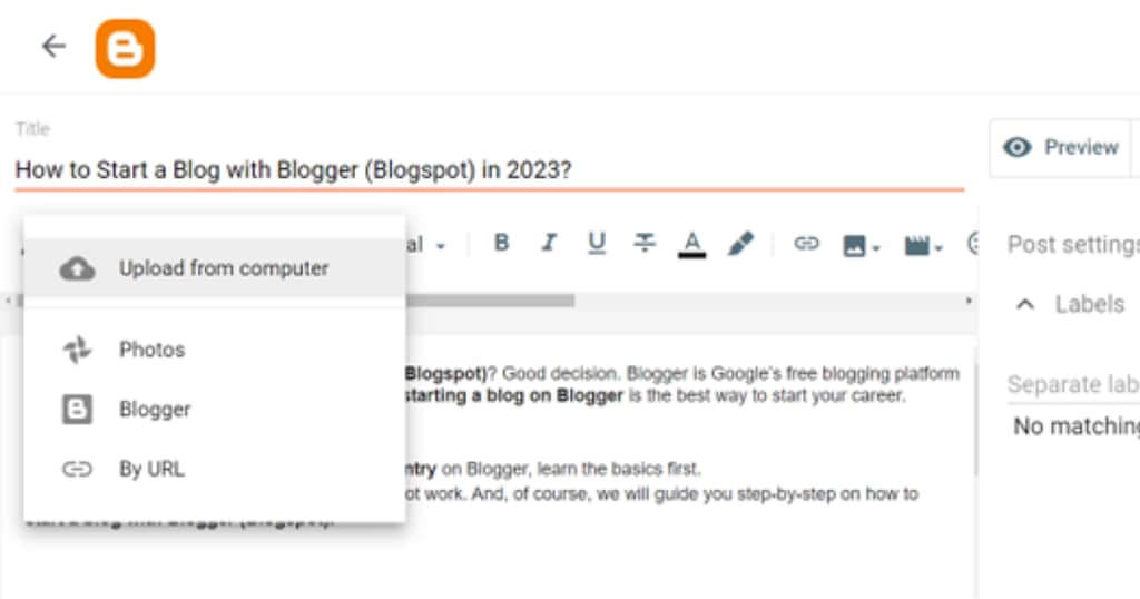 Start a Blog with Blogger- A blogger inserting an image on Blogger blog