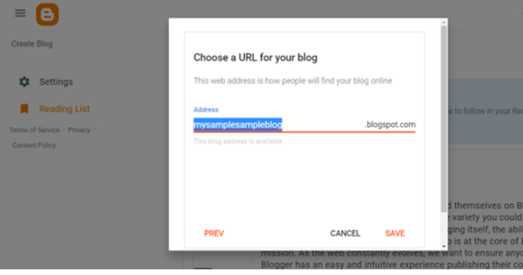 Start a Blog with Blogger- A blogger should write blog name and URL on Blogger interface